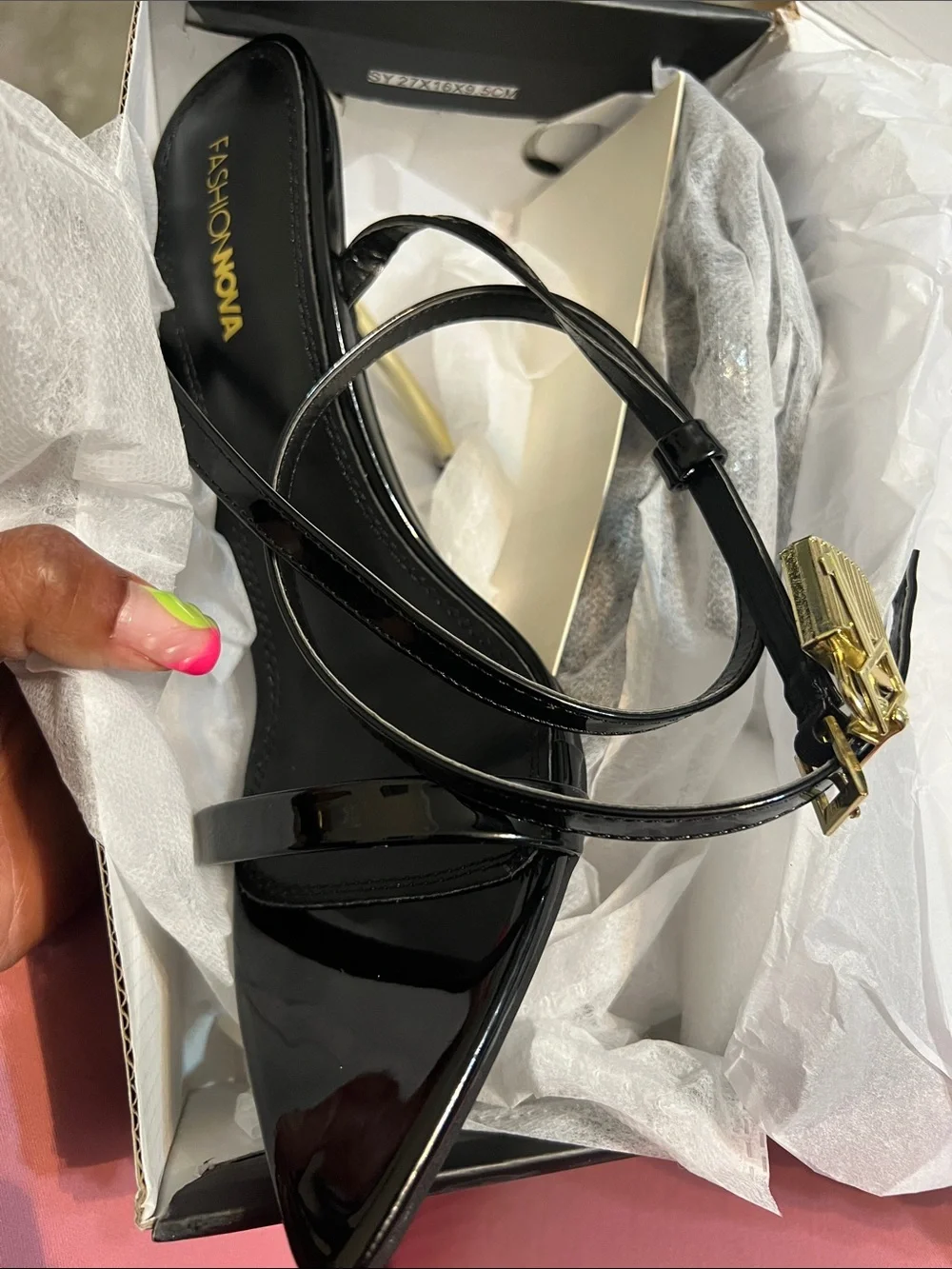 Fashion Nova Black Patent Pointed-Toe Strappy Heel with Gold Buckle